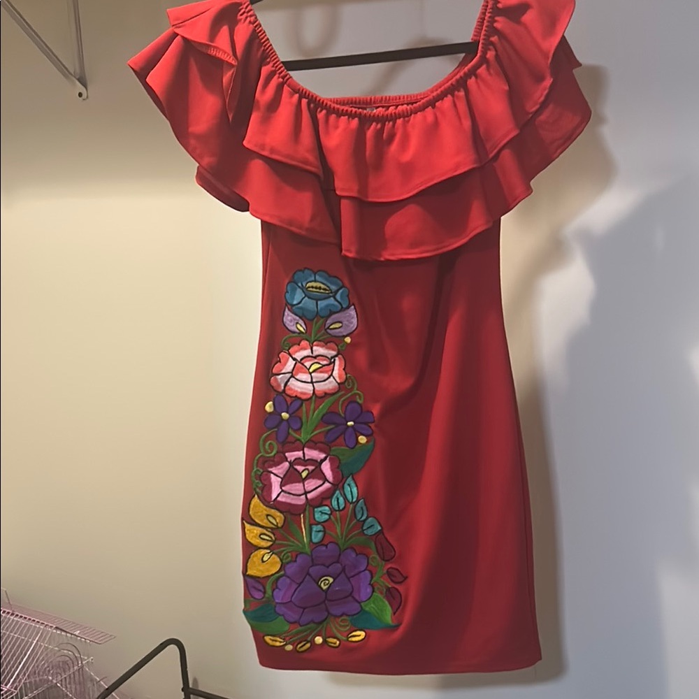 Red Ruffled Off-the-Shoulder Mini Dress - Picture 2 of 7